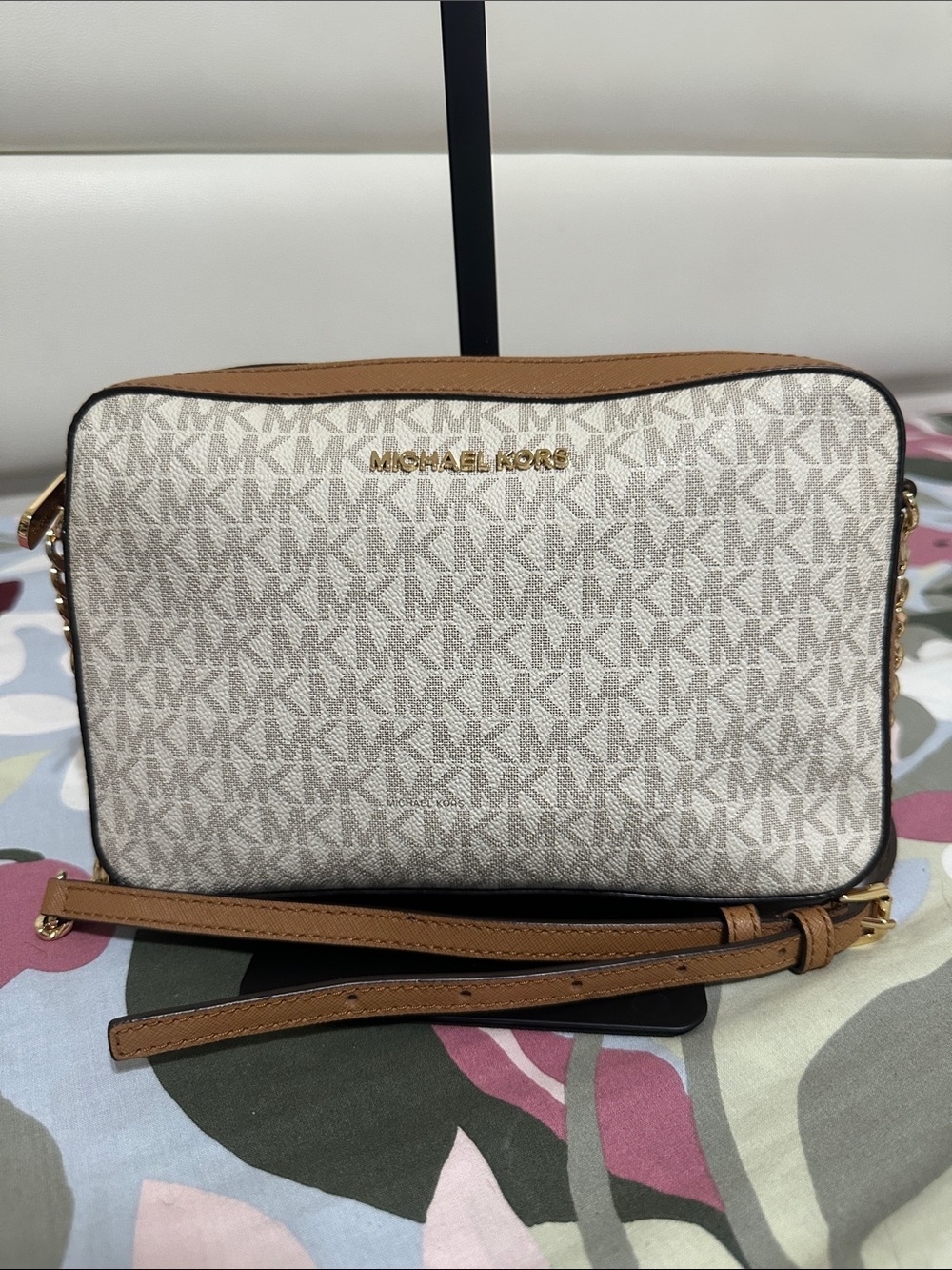 Michael Kors Vanilla Logo Crossbody with Tan Trim